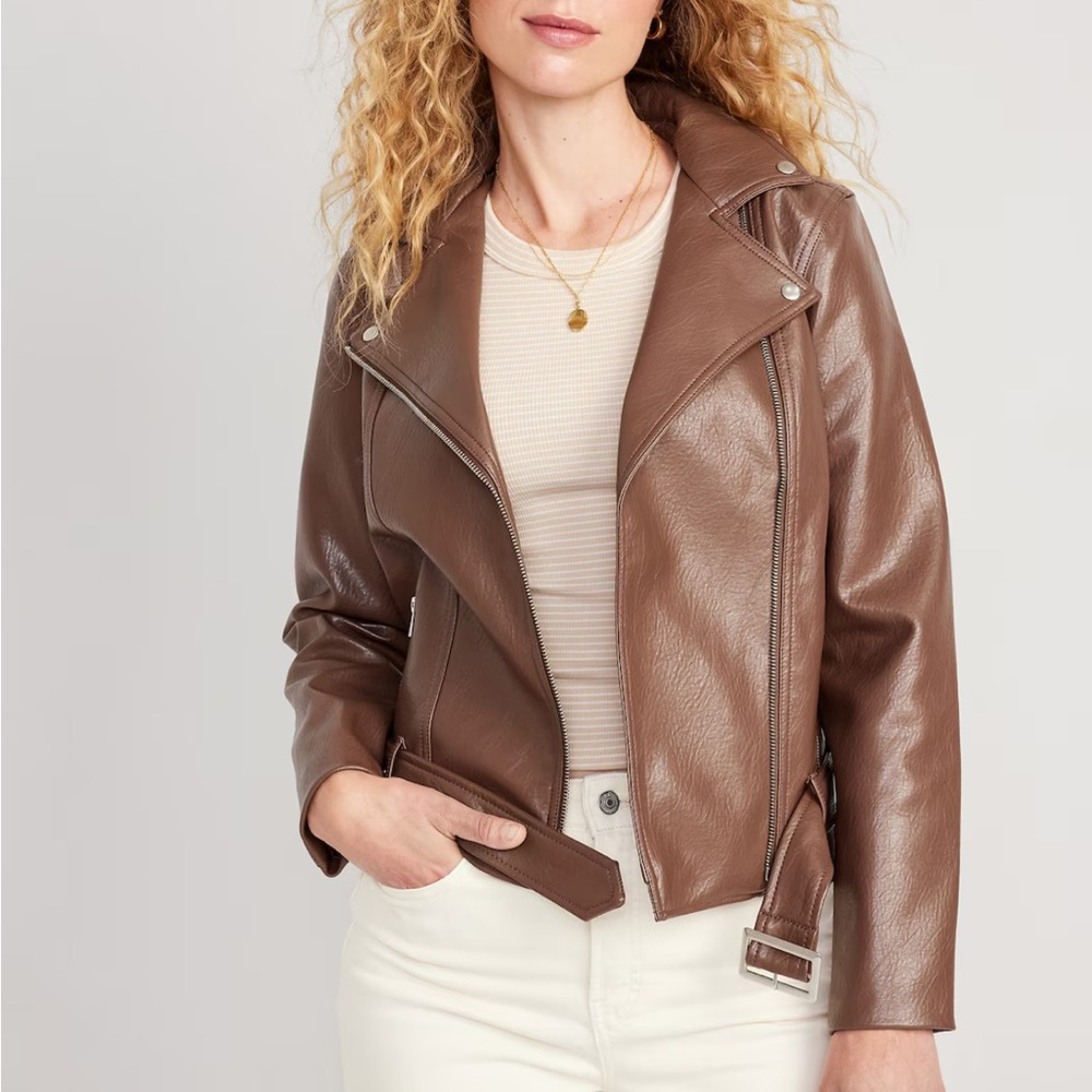 New Old navy brown faux leather belted biker jacket